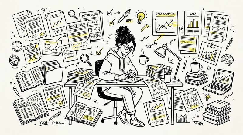 Academic study, assignments, and research doodle illustration